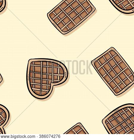 Belgian Waffles Doodles Seamless Border Pattern. Cute Cartoon Tasty Breakfast Repeatable Background 