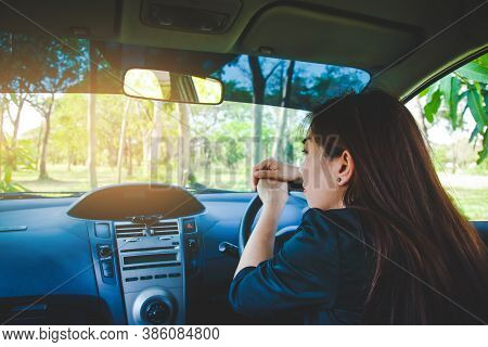 Woman Drove Astray In The Forest. Looking For A Solution But Without Internet Signal From The Phone