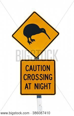 New Zealandian sign of kiwi bird crossing the road at night isolated on white