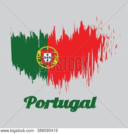 Brush Style Color Flag Of Portugal, 2:3 Vertically Striped Bicolor Of Green And Red, With Coat Of Ar