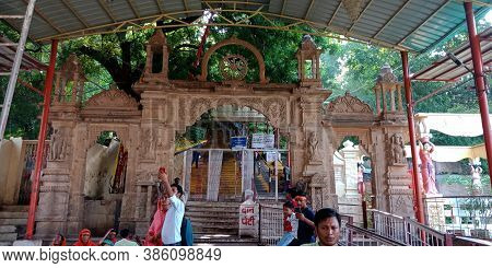 District Satna, India - September 13, 2019: Indian Common People Crowd On Entrance Gate At Hindu Rel