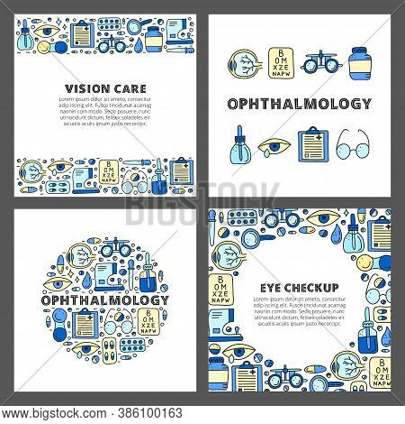 Set Of Cards With Lettering And Doodle Colored Ophthalmology Icons Including Runny Eye, Pipette Bott