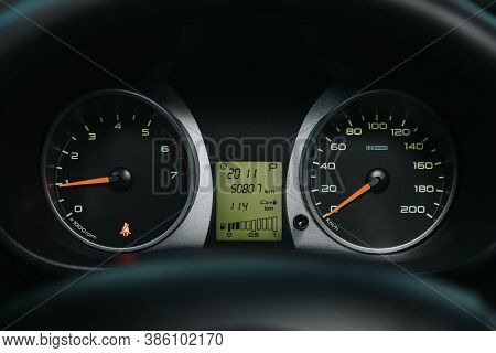 Novosibirsk, Russia - September 19, 2020: Lada Granta,car Dashboard With White  Backlight: Odometer,
