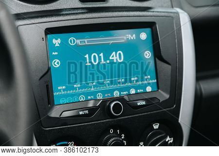 Novosibirsk, Russia - September 19, 2020: Lada Granta, Car Dashboard Audio In Fm-receiver, Cd, Volum