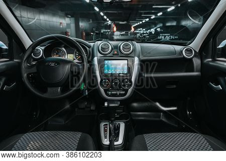 Novosibirsk, Russia - September 19, 2020: Lada Granta,  Car Interior - Steering Wheel, Shift Lever, 