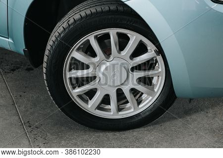 Novosibirsk, Russia - September 19, 2020: Lada Granta, Car Wheel With Alloy Wheel And New Rubber On 
