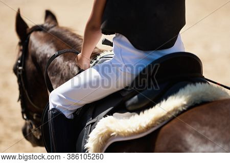 Horse Riding, Detailed Close Up Shot Of Rider On A Horse