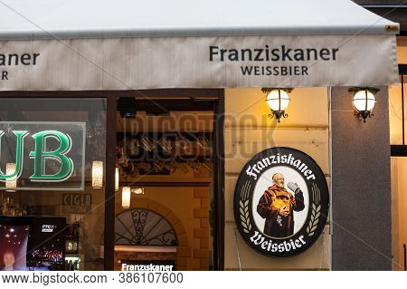 Belgrade, Serbia - September 8, 2019: Franziskaner Weissbier Logo In Front Of The Terrace Of A Serbi