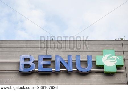 Belgrade, Serbia - August 19, 2020: Benu Logo In Front Of Their Local Pharmacy (apoteka) In Belgrade