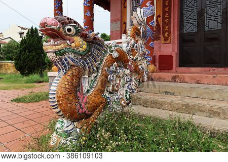 Hoi An, Vietnam, September 20, 2020: Dragon On The Access Stairs Of The Van Mieu Confucius Temple. H