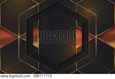 Realistic 3d Futuristic Frame Background Gold Geometric Lines Element. Vector Golden Geometry Shape 