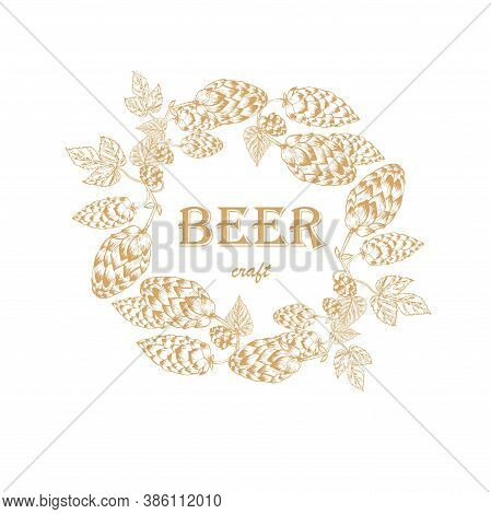 Beer Craft Label. Hop Plant Frame Background Outline On White Art Design Elements Stock Vector Illus