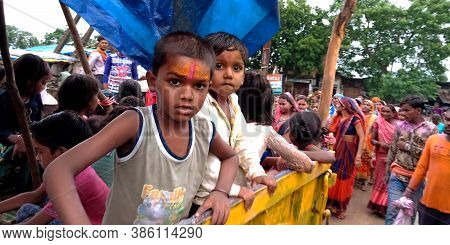 District Katni, India - September 08, 2019: Asian Village Traditional Poor Children Gathering On Roa