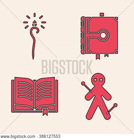 Set Voodoo Doll, Magic Staff, Ancient Magic Book And Ancient Magic Book Icon. Vector