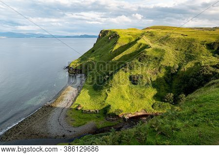 Scottish Landscape With Hills And Shoreline Near Staffin At Isle Of Skye Near The Ruins Of Old Diato