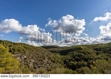 Park Natural Garraf, Green Mountains With Blue Sky And Clouds, Mas Alba, Sitges, Spain