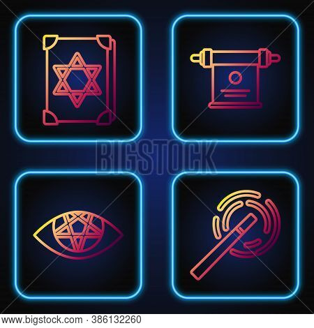 Set Line Magic Wand, Pentagram, Ancient Magic Book And Magic Scroll. Gradient Color Icons. Vector