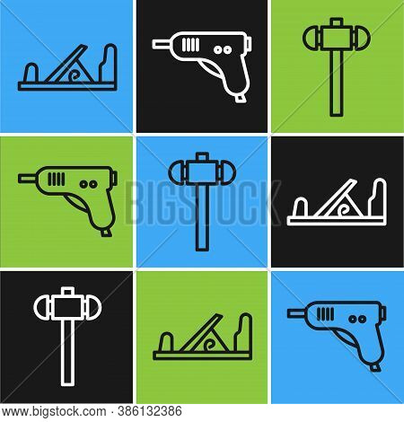 Set Line Wood Plane Tool, Sledgehammer And Electric Hot Glue Gun Icon. Vector
