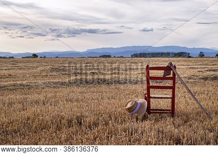 Chair With Hoe And Hat In The Middle Of A Cereal Field, Local Farming Concept