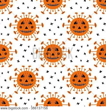 Coronavirus Bacteria With Scary Face And Crosses. Halloween Seamless Pattern. Isolated On A White Ba