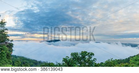 The Atmosphere Of The Clouds Has Beautiful Sunlight. Above The White Mist In The Mountains At Pha Mo