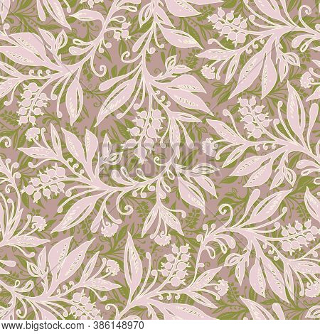 Floral Seamless Pattern With Leaves And Berries In Chartreuse Green Pink Palette, Hand-drawn And Dig