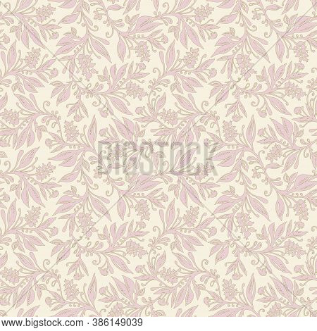 Floral Seamless Pattern With Leaves And Berries In Chartreuse Green Pink Palette, Hand-drawn And Dig