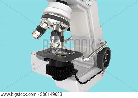 96 Mpx High Resolution Renders Of Electronic Microscope With Fictive Design Isolated On Blue - Medic