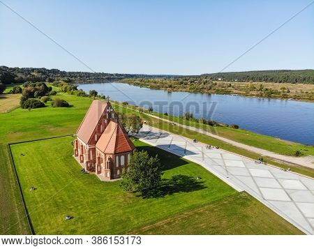 Aerial View Of The Old Church Of St. John The Baptist In Zapyskis, Kaunas District, Lithuania