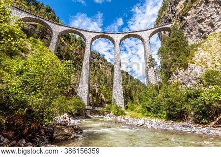 Landscape With Landwasser Viaduct In Summer, Filisur, Switzerland. This Place Is Landmark Of Swiss A