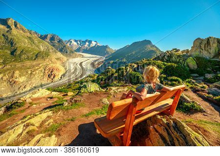 Aletsch Glacier From Moosfluh Viewpoint In Summer With Clear Blue Sky In Swiss Alps, Valais Canton, 