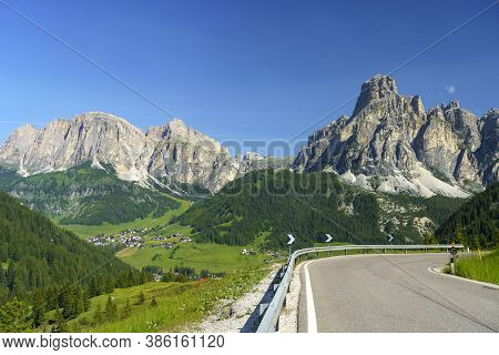 Mountain Landscape At Summer Along The Road To Campolongo Pass, Dolomites, Bolzano Province, Trentin