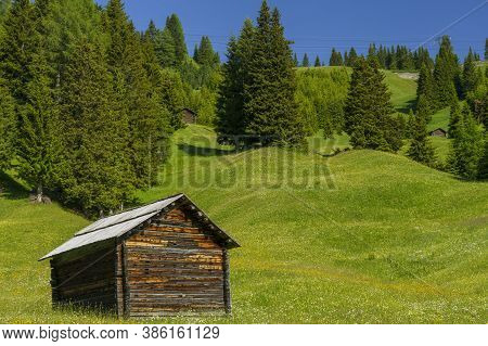 Mountain Landscape At Summer Along The Road To Campolongo Pass, Dolomites, Bolzano Province, Trentin