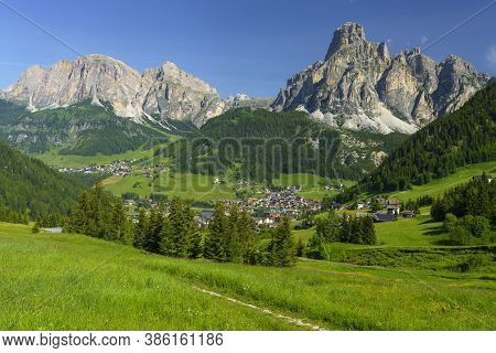 Mountain Landscape At Summer Along The Road To Campolongo Pass, Dolomites, Bolzano Province, Trentin