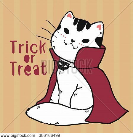 Cute Doodle Cat Vampire Costume Trick Or Treat Halloween Cartoon Clip Art Flat Vector, Idea For Gree
