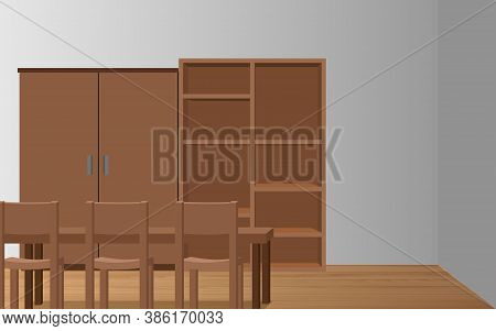 Wooden Table With Wooden Showcase And Cabinet In The Room