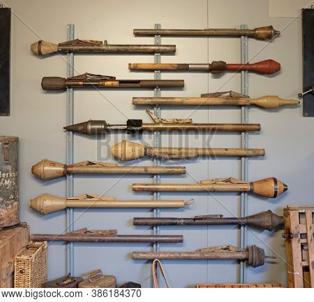 Overloon, The Netherlands On July 30, 2020: Collection Of Old Anti Tank Rockets From Different Perio