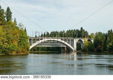 Autumn Landscape Of Bridge And Kymijoki River Waters In Finland, Kouvola, Koria