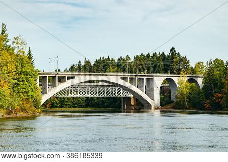 Autumn Landscape Of Bridge And Kymijoki River Waters In Finland, Kouvola, Koria