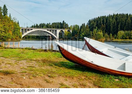 Autumn Landscape Of Bridge And Boats On Kymijoki River In Finland, Kouvola, Koria