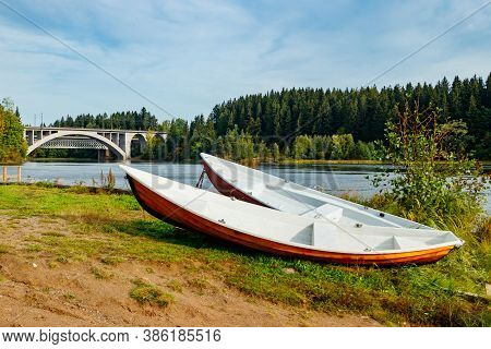 Autumn Landscape Of Bridge And Boats On Kymijoki River In Finland, Kouvola, Koria