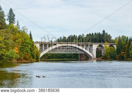Autumn Landscape Of Bridge And Kymijoki River Waters In Finland, Kouvola, Koria