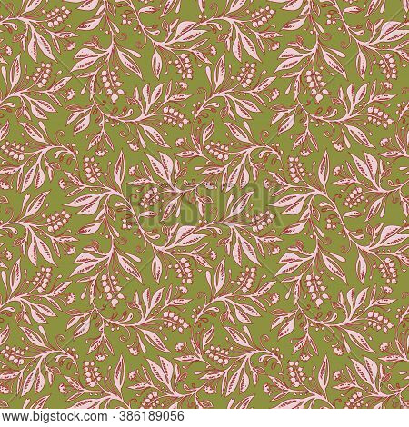 Floral Seamless Pattern With Leaves And Berries In Chartreuse Green Pink Palette, Hand-drawn And Dig