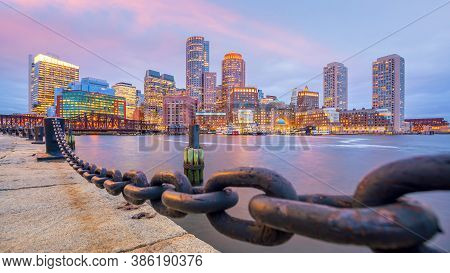 Boston Harbor And Financial District At Twilight, Massachusetts