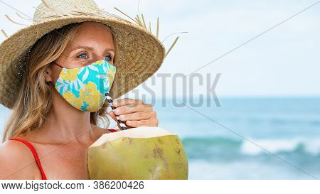 Funny Portrait Of Woman In Straw Hat Drinking Young Coconut On Tropical Sea Beach. New Rules To Wear