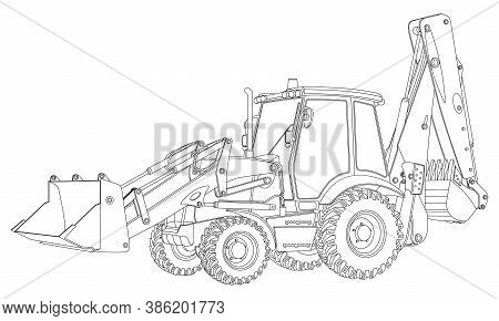 Tractor With Additional Options. Tractor In Lines. Vector Illustration On White Background.