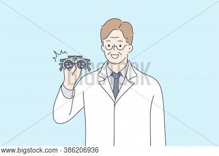Health, Care, Medicine, Optics, Vision Concept. Old Happy Smiling Man Doctor Cartoon Character Holdi