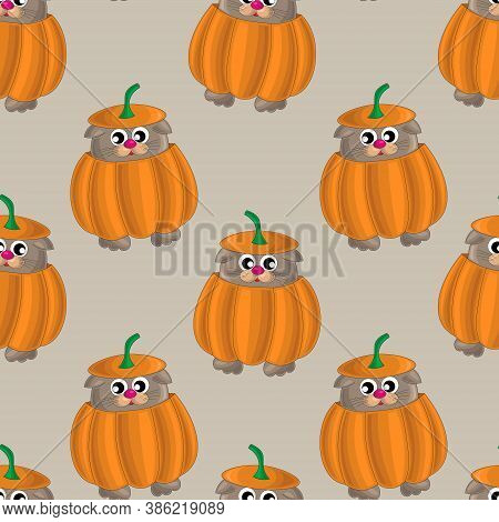 Seamless Vector Pattern With Cat And Pumpkin