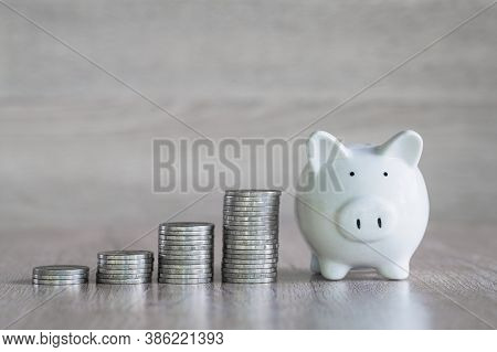 Savings Bank White Pig And Coin Ladder Ideas For Saving Money, Investing, Planning To Use Money Real