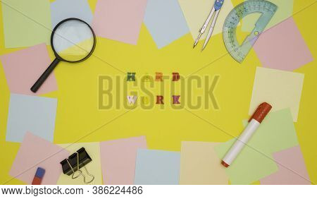 The Concept Of Motivation, Work. The Words Hard Work In The Center On A Yellow Background, Colored L
